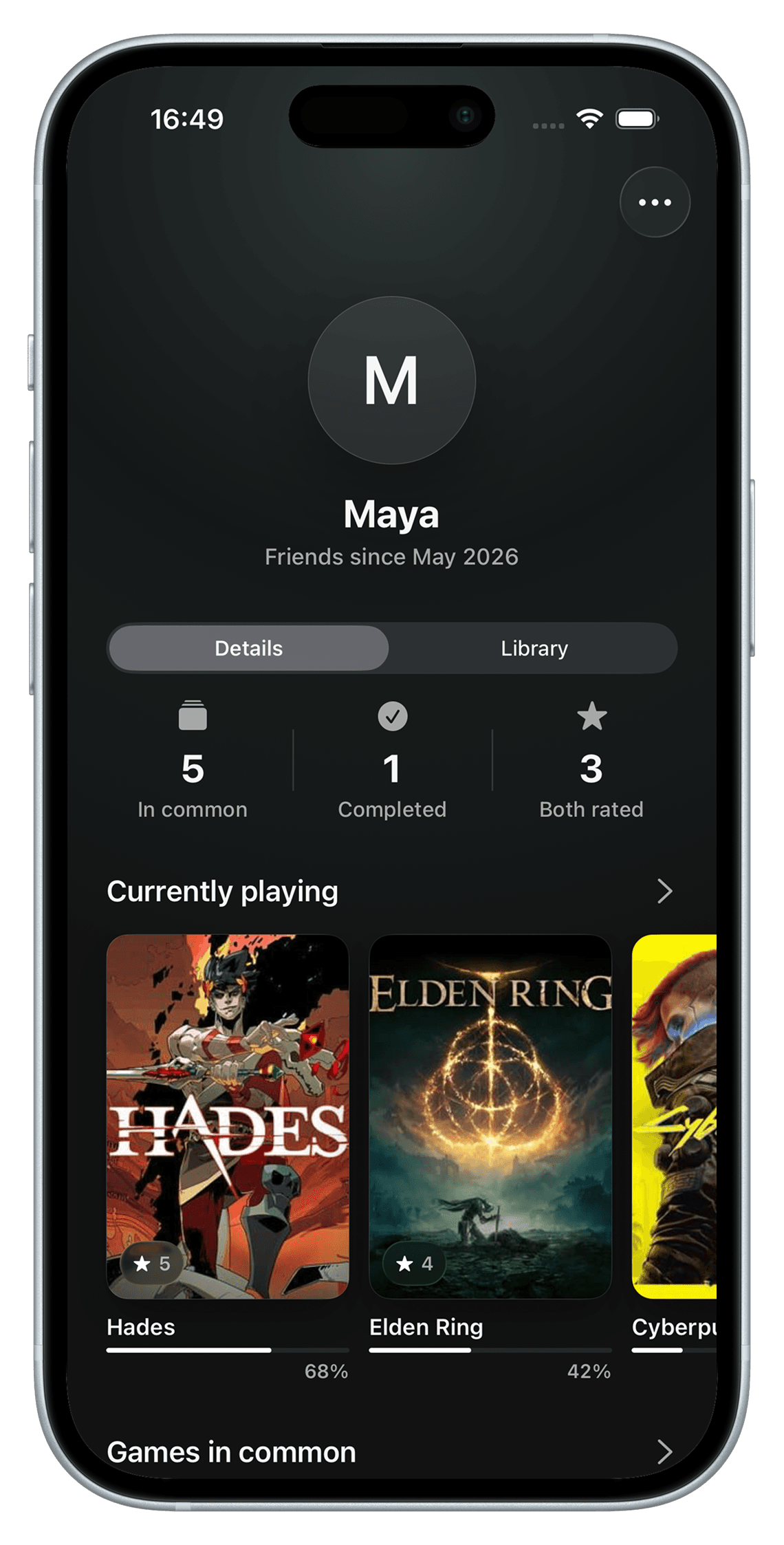 A Joylogue friend profile comparing shared games and progress