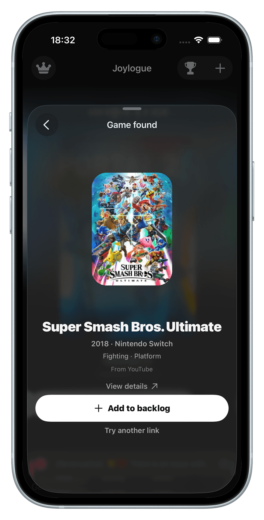 Joylogue identifying Super Smash Bros. Ultimate from a YouTube link